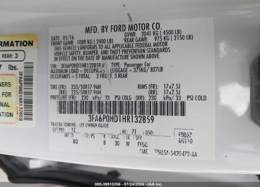 2017 FORD FUSION SE VIN: 3FA6P0HD1HR132859
