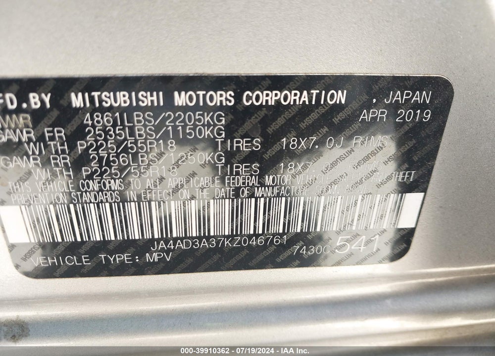 2019 MITSUBISHI OUTLANDER SE VIN: JA4AD3A37KZ046761