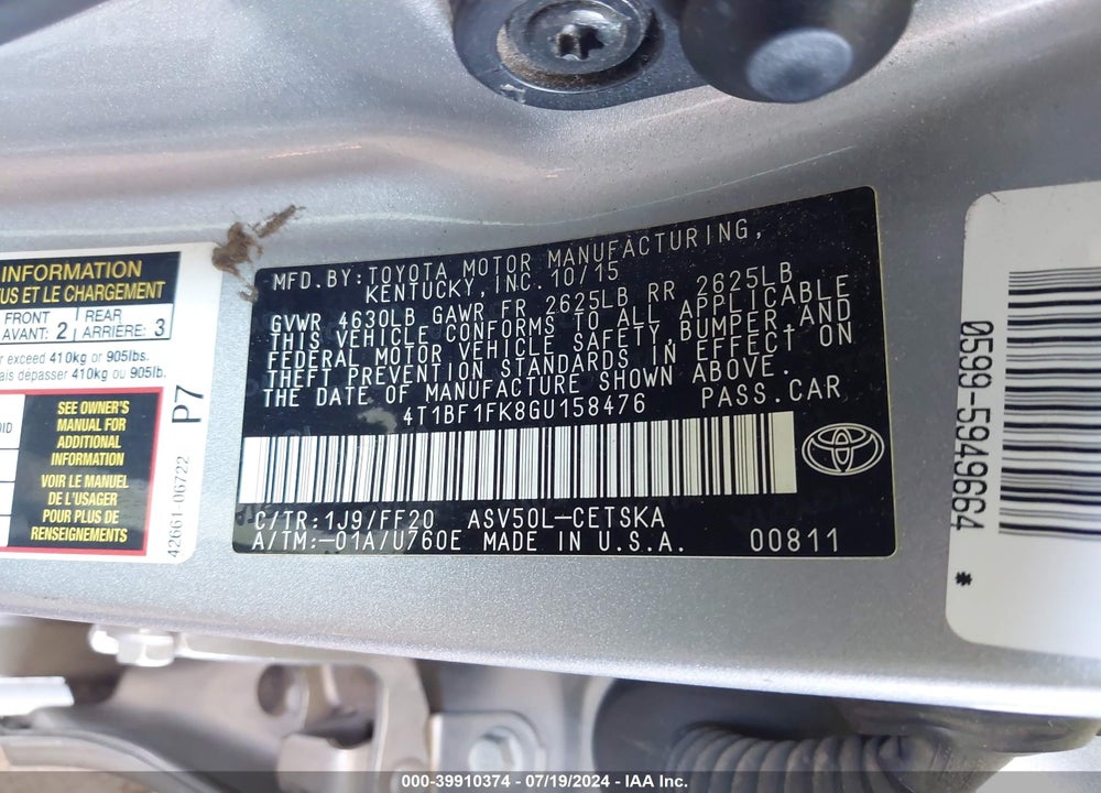 2016 TOYOTA CAMRY SE VIN: 4T1BF1FK8GU158476