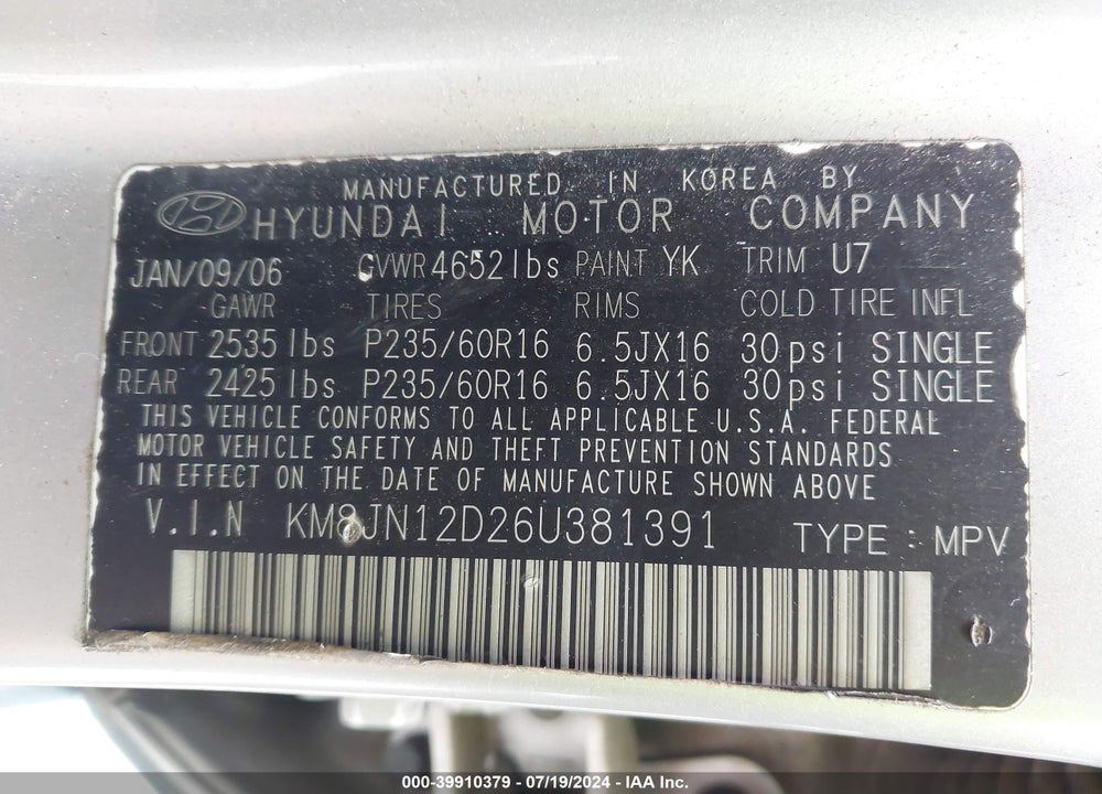 2006 HYUNDAI TUCSON GLS/LIMITED VIN: KM8JN12D26U381391