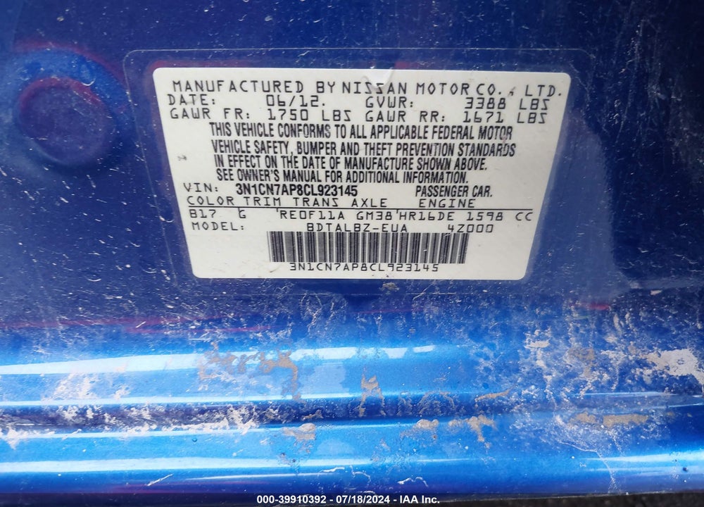 2012 NISSAN VERSA 1.6 SV VIN: 3N1CN7AP8CL923145
