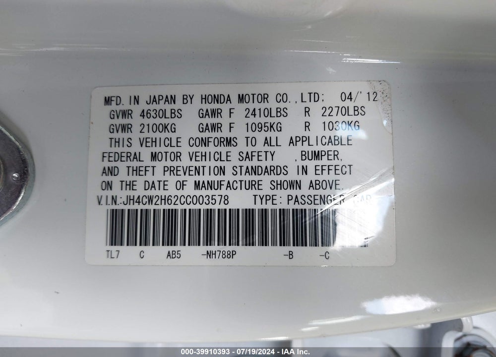 2012 ACURA TSX 2.4 VIN: JH4CW2H62CC003578