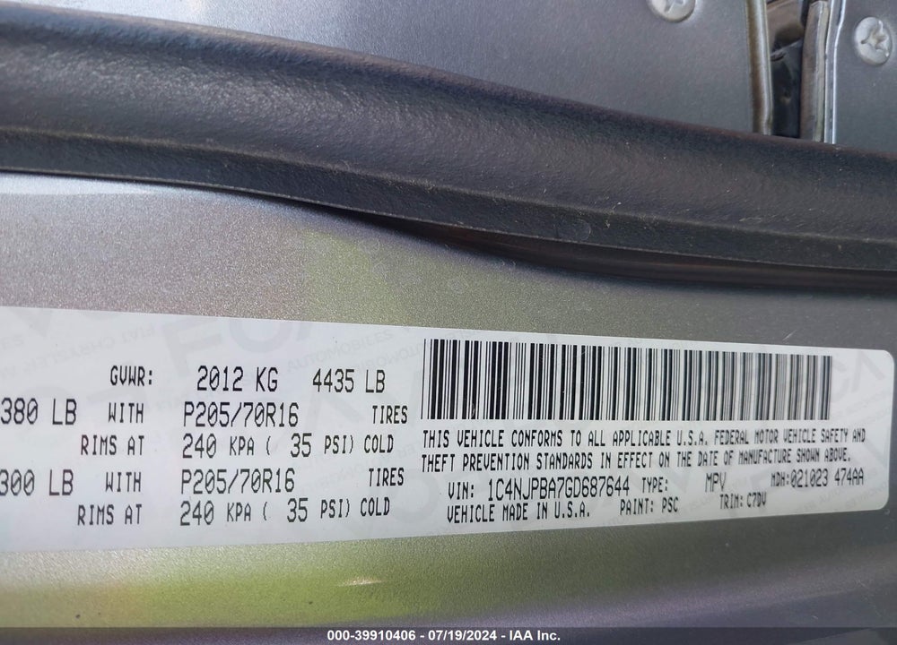 2016 JEEP PATRIOT SPORT VIN: 1C4NJPBA7GD687644