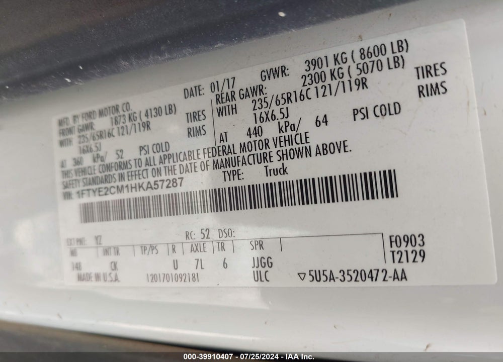 2017 FORD TRANSIT-150 VIN: 1FTYE2CM1HKA57287