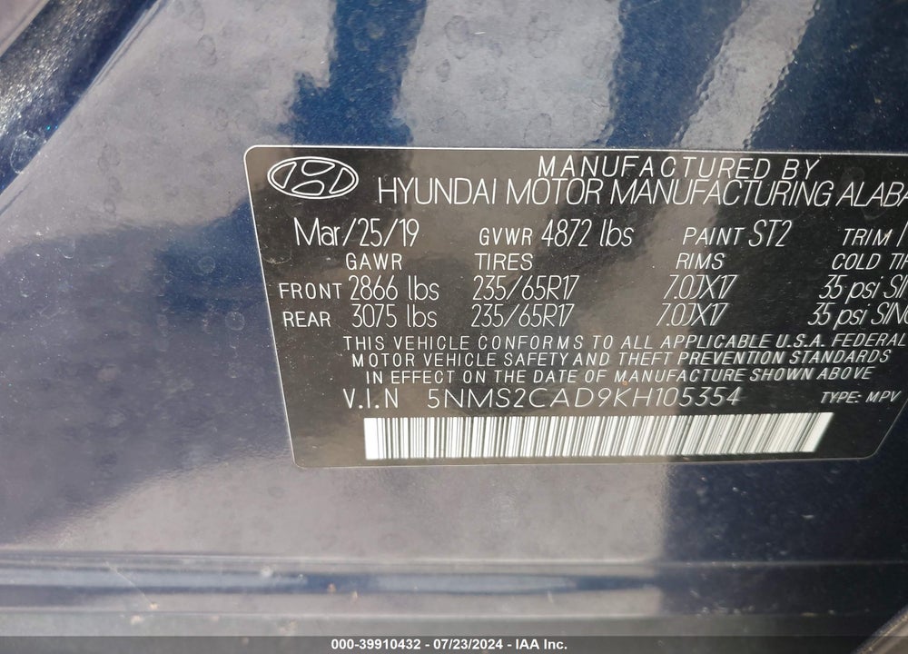 2019 HYUNDAI SANTA FE SE VIN: 5NMS2CAD9KH105354