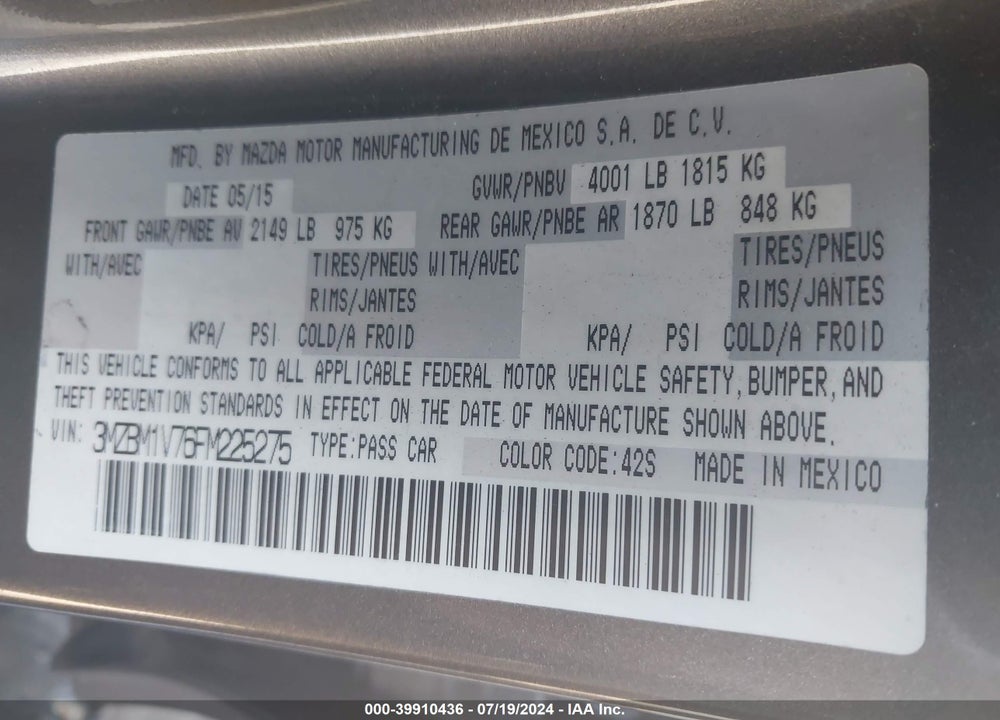 2015 MAZDA 3 I TOURING VIN: 3MZBM1V76FM225275