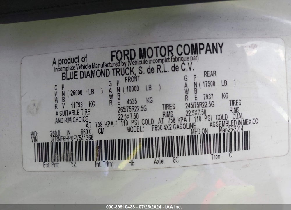 2015 FORD F-650 GAS XL/XLT VIN: 3FRNF6HP0FV541366
