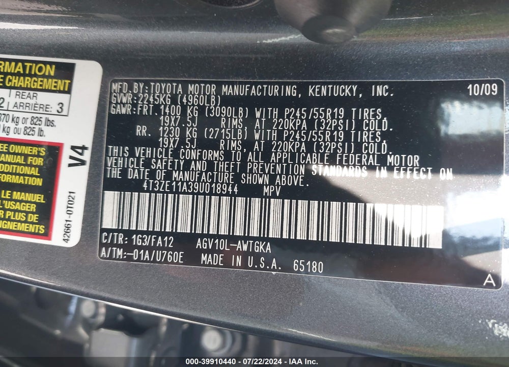 2009 TOYOTA VENZA VIN: 4T3ZE11A39U018944