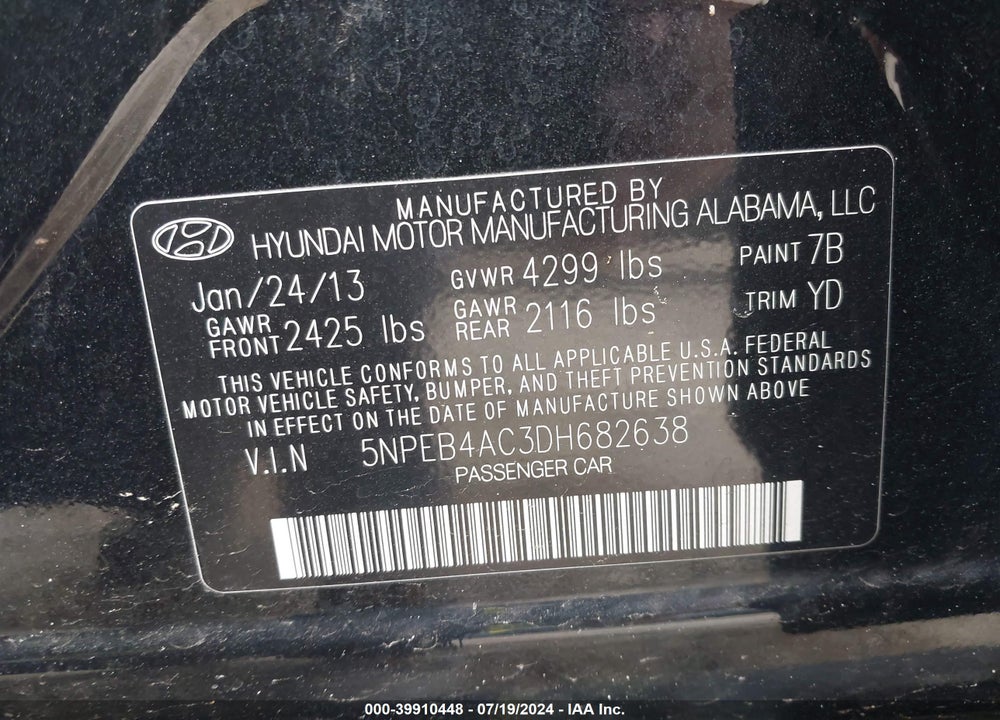 2013 HYUNDAI SONATA VIN: 5NPEB4AC3DH682638