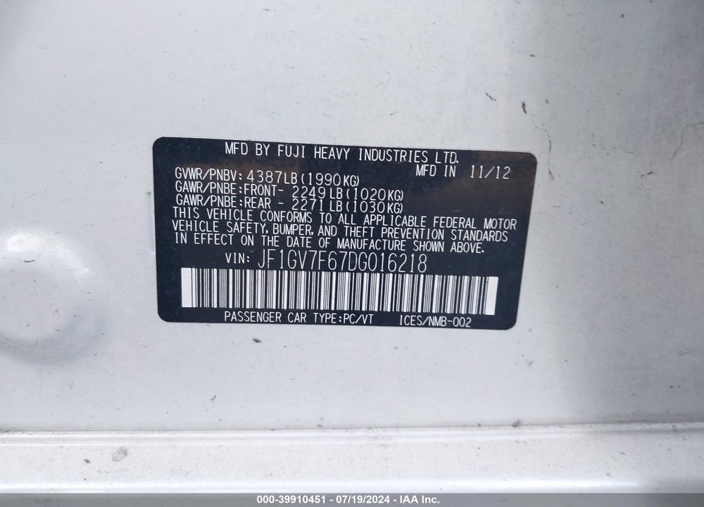 2013 SUBARU IMPREZA WRX PREMIUM VIN: JF1GV7F67DG016218
