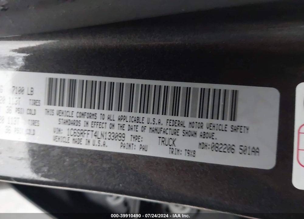 2020 RAM 1500 BIG HORN 4X4 5'7 BOX VIN: 1C6SRFFT4LN133099