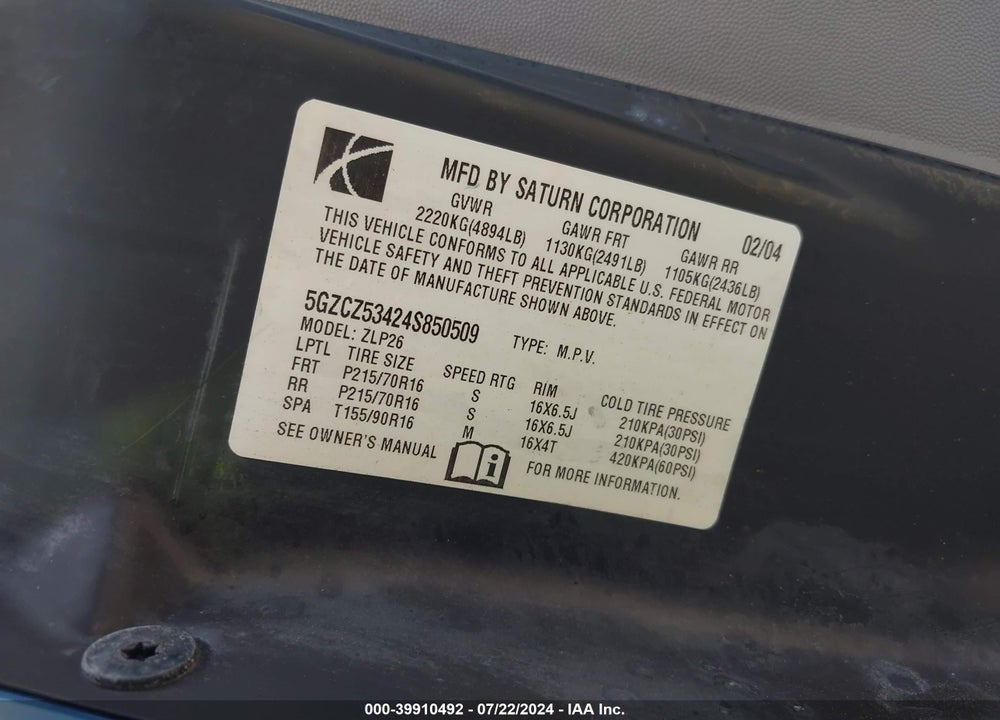 2004 SATURN VUE V6 VIN: 5GZCZ53424S850509
