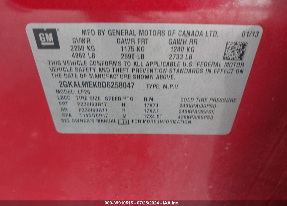 2013 GMC TERRAIN SLE-1 VIN: 2GKALMEK0D6258047