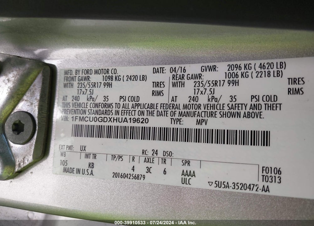 2017 FORD ESCAPE SE VIN: 1FMCU0GDXHUA19620