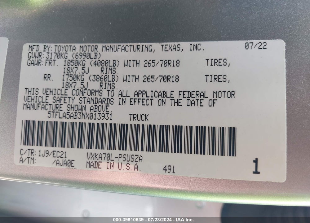 2022 TOYOTA TUNDRA SR5 VIN: 5TFLA5AB3NX013931