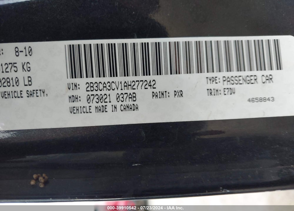 2010 DODGE CHARGER SXT VIN: 2B3CA3CV1AH277242