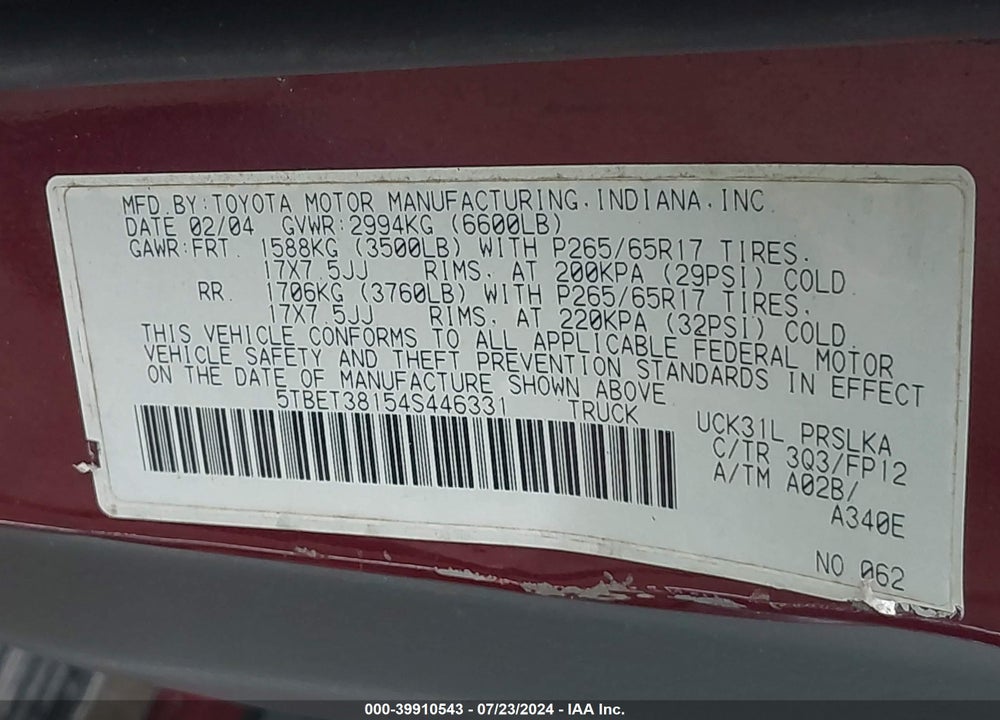 2004 TOYOTA TUNDRA LIMITED V8 VIN: 5TBET38154S446331