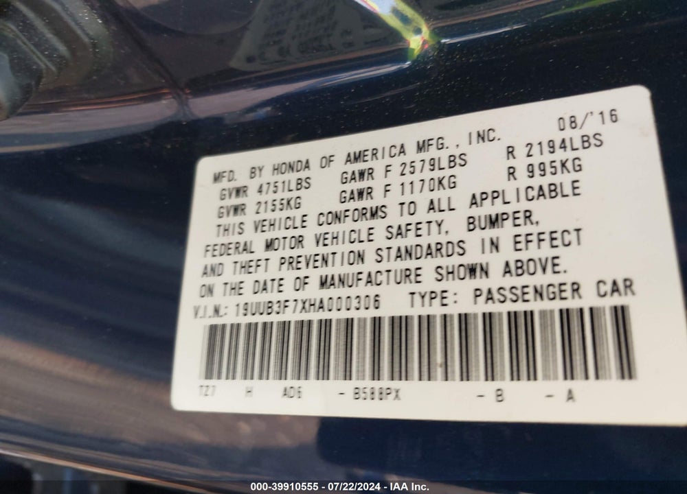 2017 ACURA TLX ADVANCE PACKAGE VIN: 19UUB3F7XHA000306