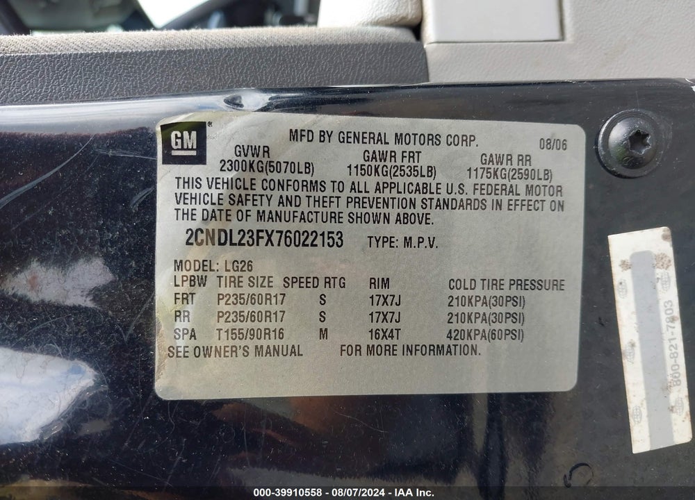 2007 CHEVROLET EQUINOX LS VIN: 2CNDL23FX76022153