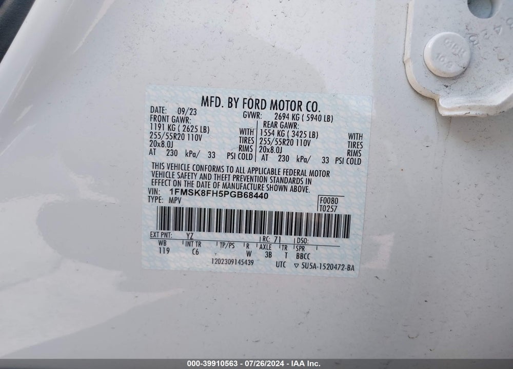 2023 FORD EXPLORER LIMITED VIN: 1FMSK8FH5PGB68440