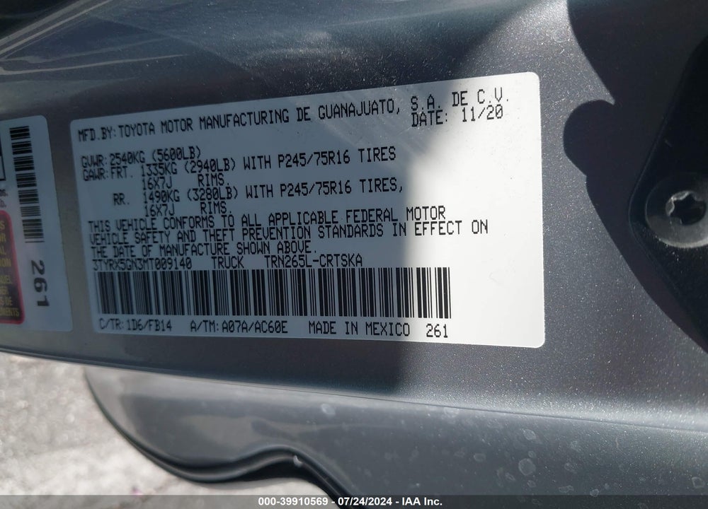 2021 TOYOTA TACOMA SR VIN: 3TYRX5GN3MT009140