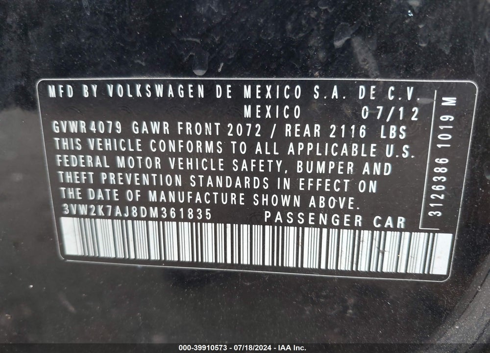 2013 VOLKSWAGEN JETTA 2.0L S VIN: 3VW2K7AJ8DM361835