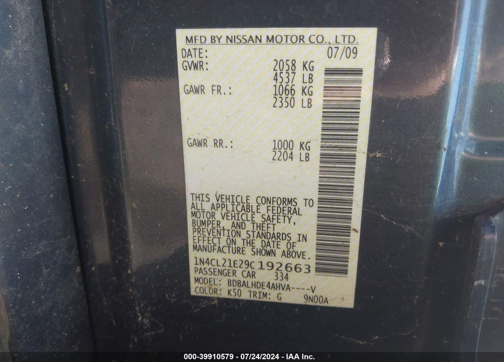2009 NISSAN ALTIMA HYBRID VIN: 1N4CL21E29C192663
