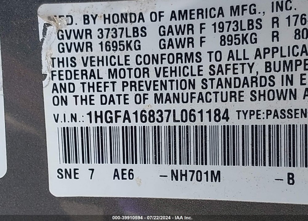 2007 HONDA CIVIC EX VIN: 1HGFA16837L061184