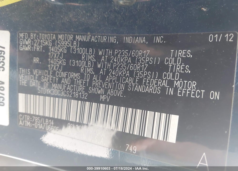 2012 TOYOTA SIENNA XLE V6 8 PASSENGER VIN: 5TDYK3DC3CS218132