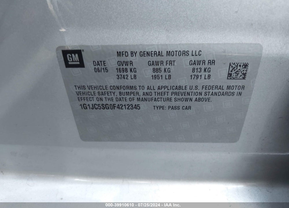 2015 CHEVROLET SONIC VIN: 1G1JC5SG0F4212345