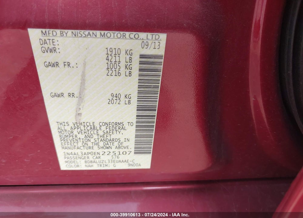 2014 NISSAN ALTIMA 2.5 SV VIN: 1N4AL3AP0EN225107