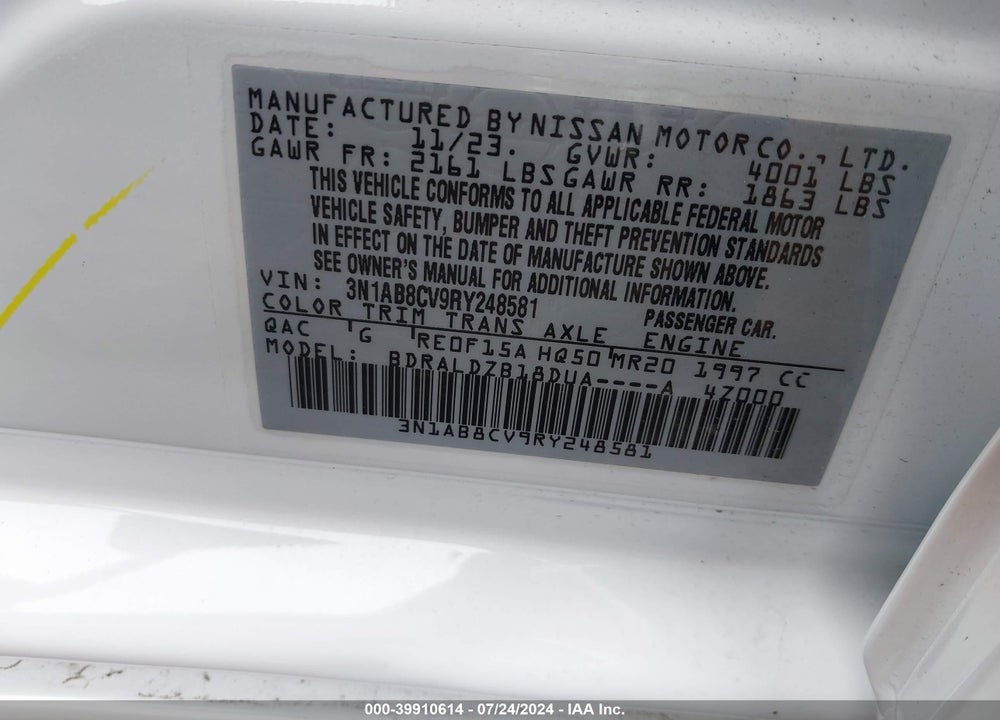 2024 NISSAN SENTRA SV XTRONIC CVT VIN: 3N1AB8CV9RY248581