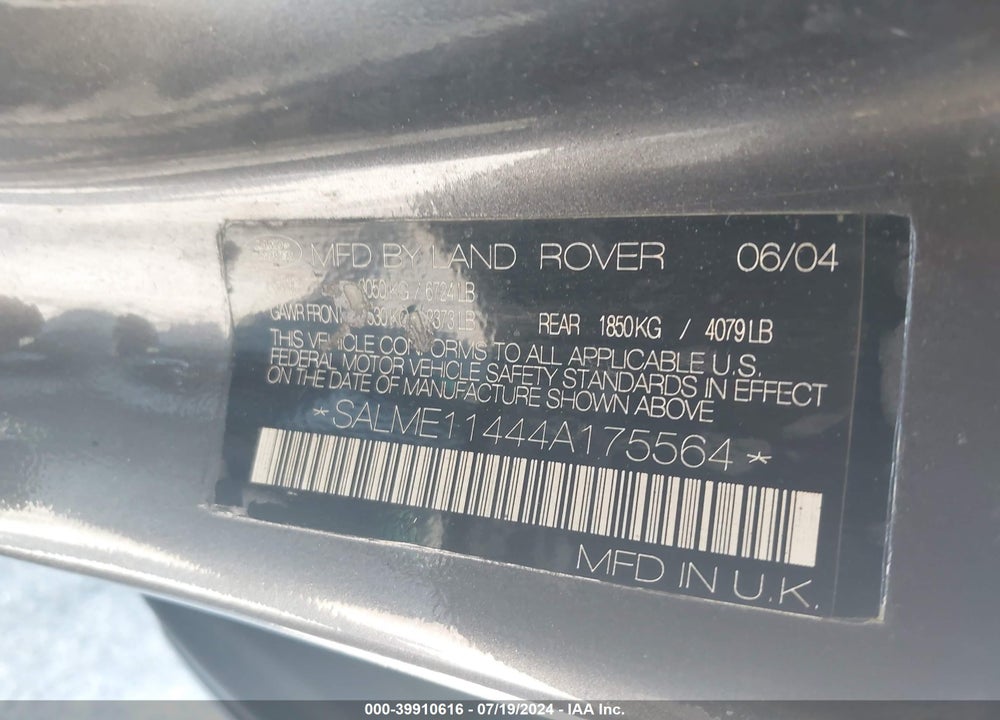 2004 LAND ROVER RANGE ROVER HSE VIN: SALME11444A175564