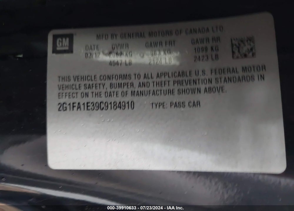 2012 CHEVROLET CAMARO 2LS VIN: 2G1FA1E39C9184910