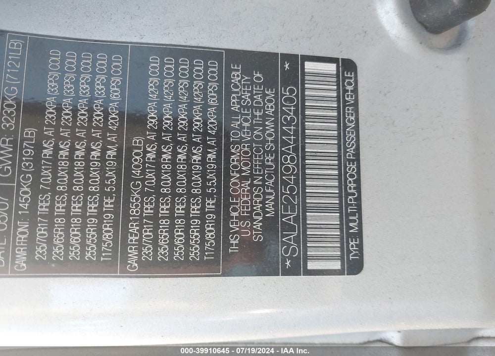 2008 LAND ROVER LR3 V8 SE VIN: SALAE25498A443405