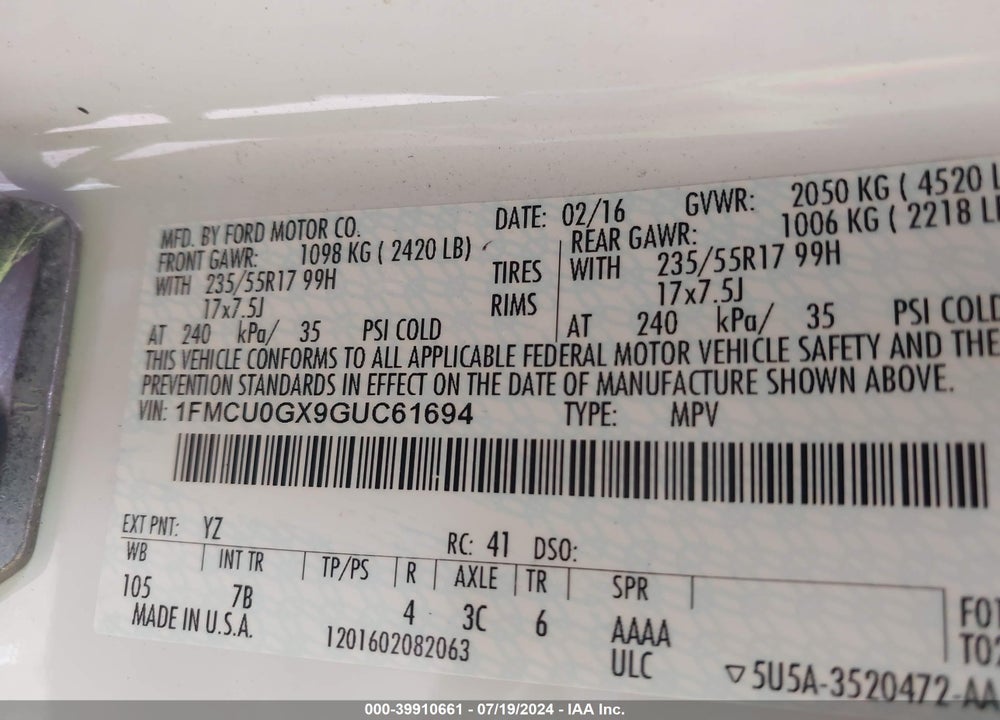 2016 FORD ESCAPE SE VIN: 1FMCU0GX9GUC61694