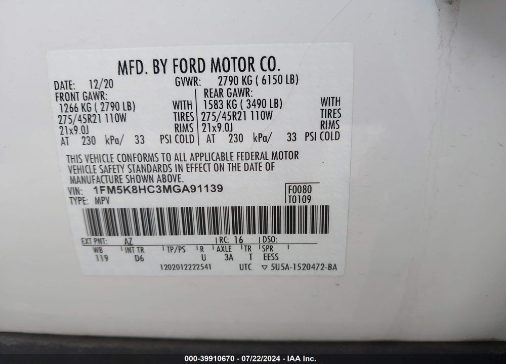 2021 FORD EXPLORER PLATINUM VIN: 1FM5K8HC3MGA91139