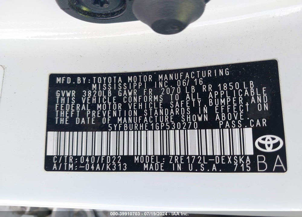 2016 TOYOTA COROLLA VIN: 5YFBURHE1GP530270
