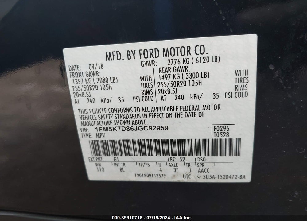 2018 FORD EXPLORER XLT VIN: 1FM5K7D86JGC92959