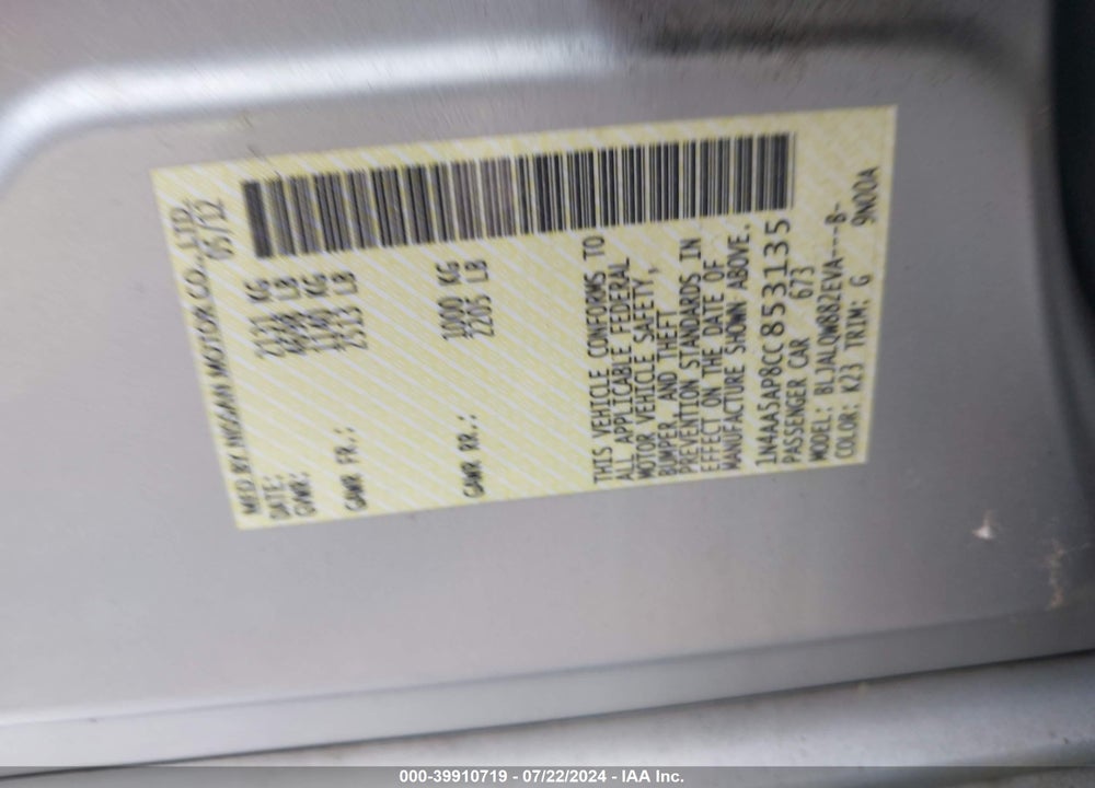 2012 NISSAN MAXIMA 3.5 S VIN: 1N4AA5AP8CC853135