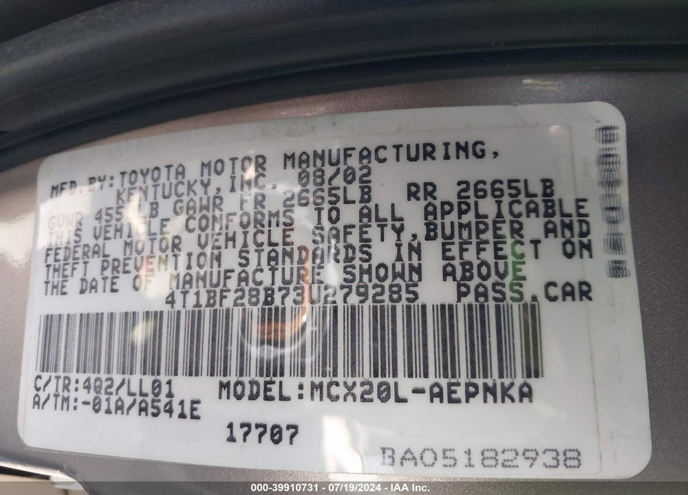 2003 TOYOTA AVALON XL VIN: 4T1BF28B73U279285