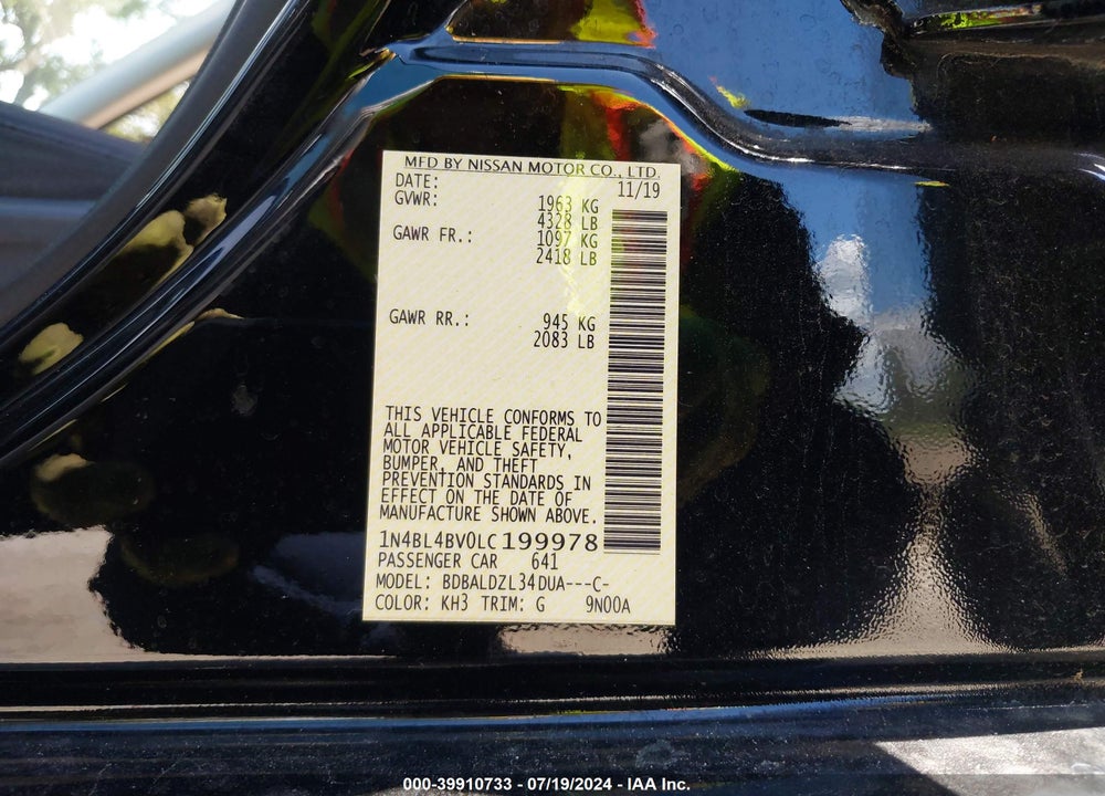 2020 NISSAN ALTIMA S FWD VIN: 1N4BL4BV0LC199978