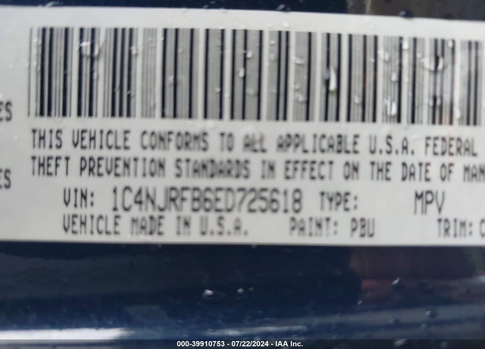 2014 JEEP PATRIOT LATITUDE VIN: 1C4NJRFB6ED725618