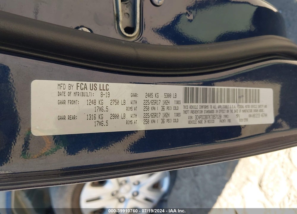 2019 DODGE JOURNEY SE VIN: 3C4PDCBB7KT857120