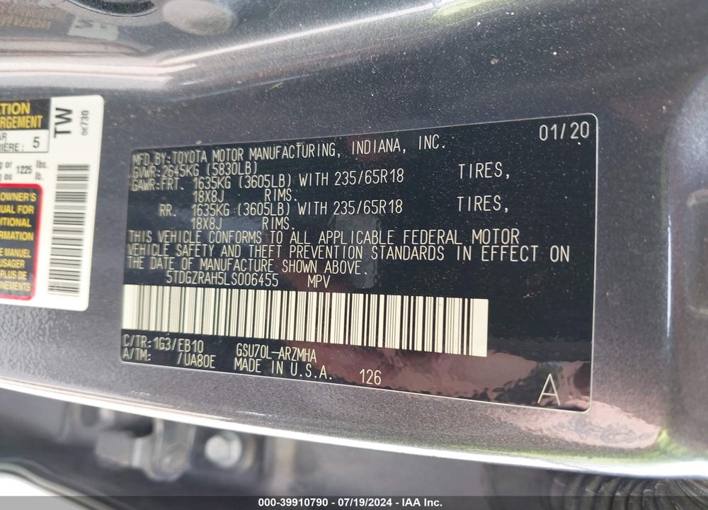 2020 TOYOTA HIGHLANDER XLE VIN: 5TDGZRAH5LS006455