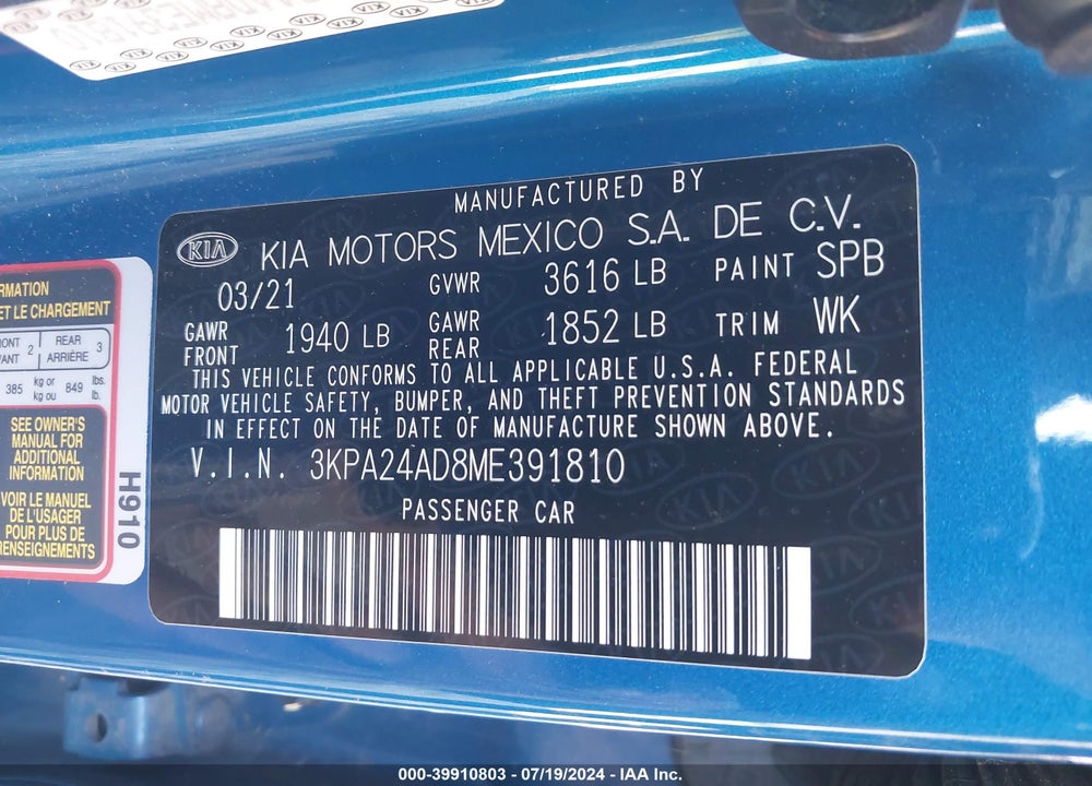 2021 KIA RIO S VIN: 3KPA24AD8ME391810