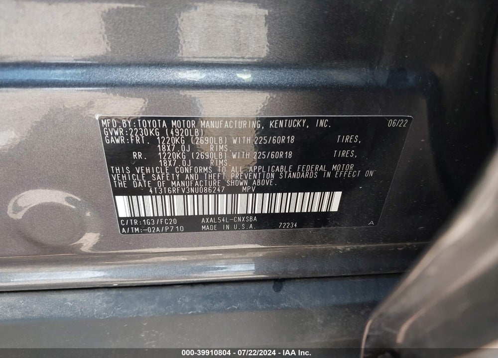 2022 TOYOTA RAV4 HYBRID SE VIN: 4T3T6RFV3NU086247