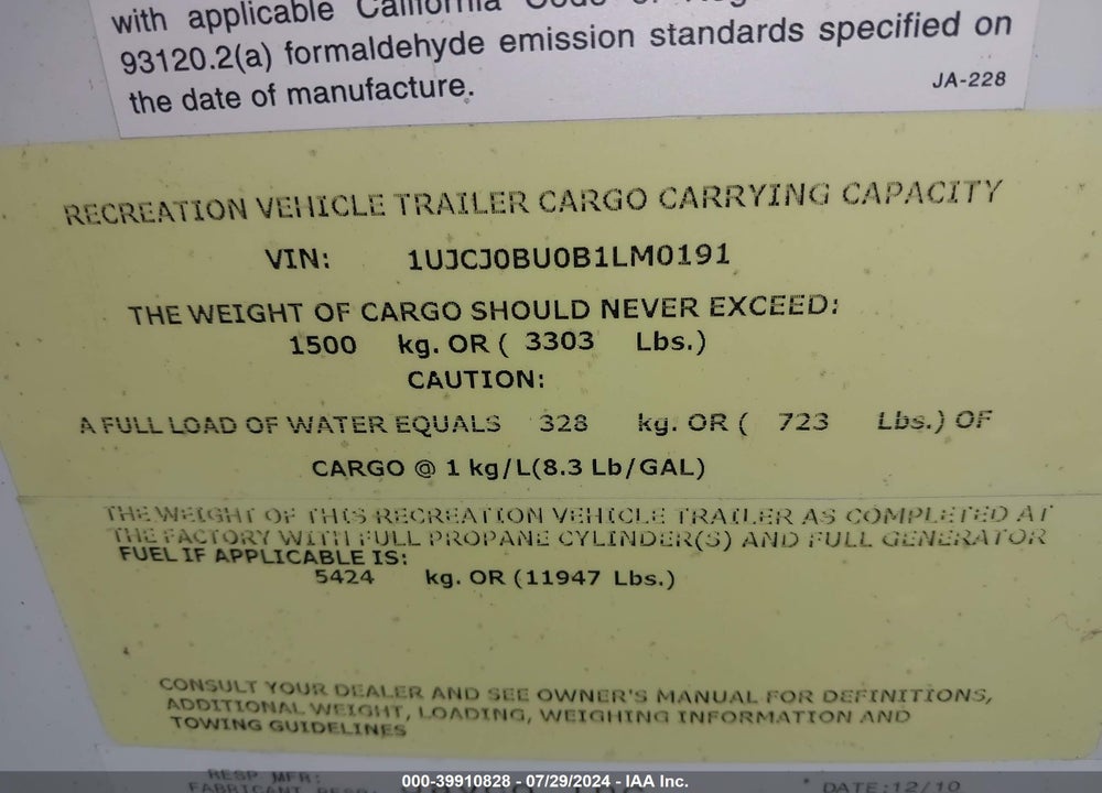 2011 5TH WHEEL JAYCO EAGLE  TRAVEL TRAILER VIN: 1UJCJ0BU0B1LM0191