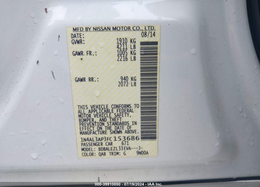 2015 NISSAN ALTIMA 2.5 S VIN: 1N4AL3AP3FC153686