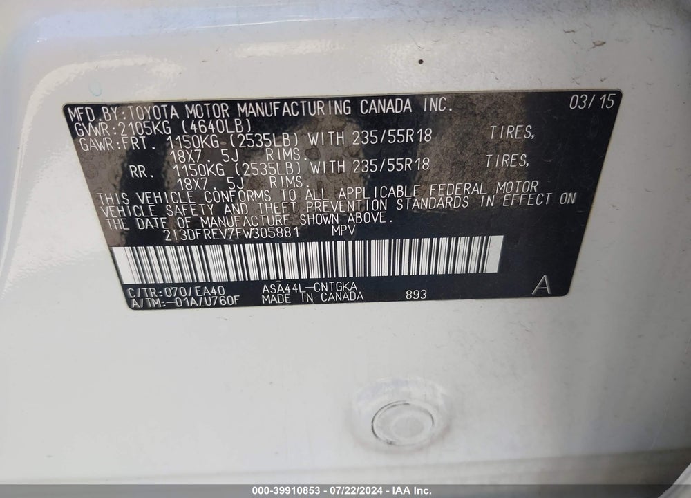 2015 TOYOTA RAV4 LIMITED VIN: 2T3DFREV7FW305881